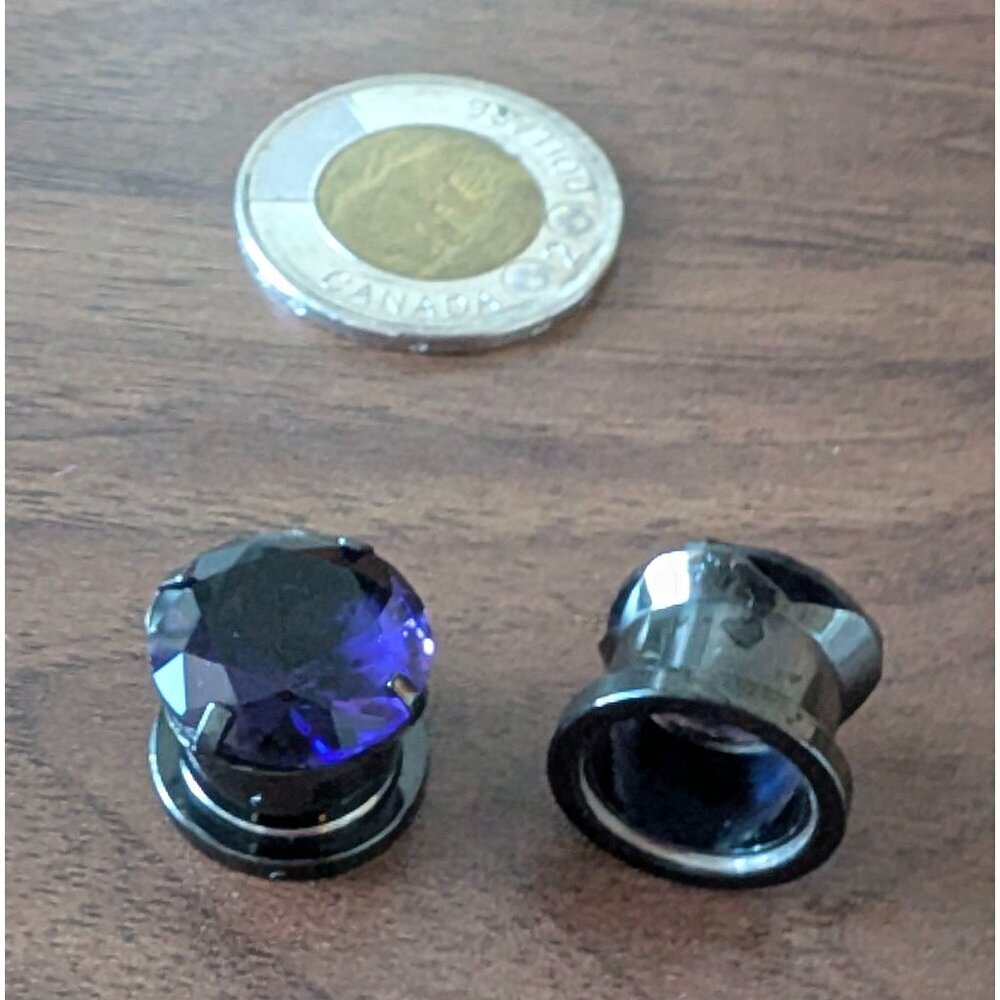 Black Stainless Steel ½” Plugs with Purple Stone Front and Screw on Back